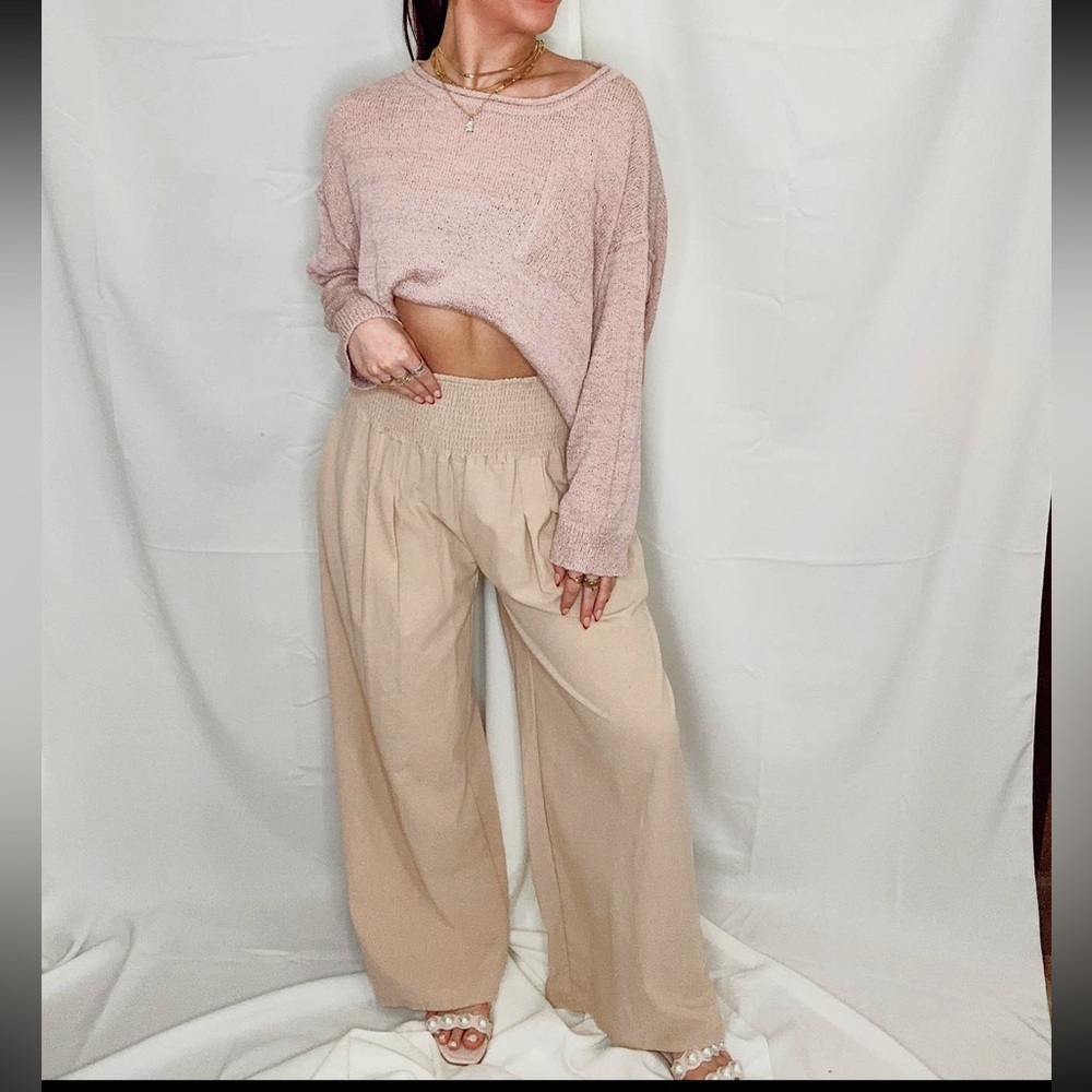 NWOT High Waist Wide Leg Linen-like Pant | Tan